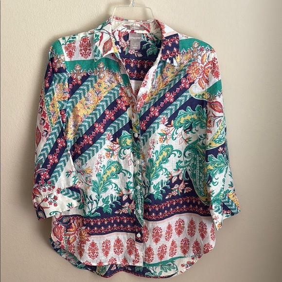 Chico's Size 0 (4/6) No Iron Multicolor Patterned Linen Blouse - Picture 1 of 4